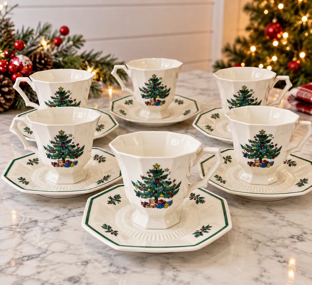 Nikko Christmastime Christmas Tree Cups Saucers Set 6 Japan Holiday Tea Coffee